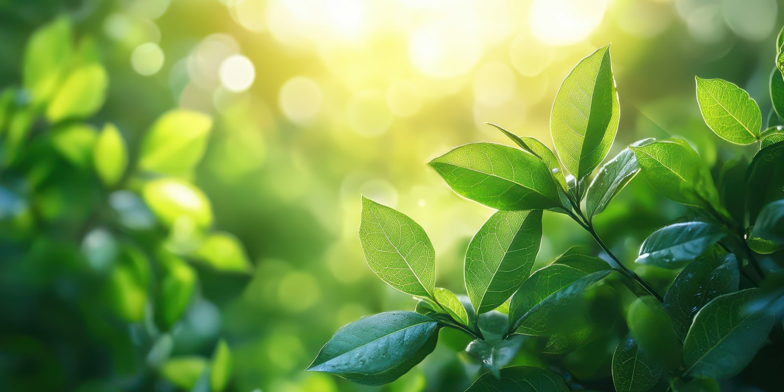 Fresh green leaves glisten under soft sunlight in a vibrant forest setting